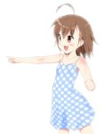  ahoge blush brown_eyes brown_hair commentary_request dress flat_chest last_order masamuuu open_mouth pointing polka_dot polka_dot_dress short_hair simple_background sleeveless sleeveless_dress smile solo to_aru_majutsu_no_index white_background 