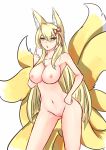  animal_ear_fluff animal_ears bad_id bad_pixiv_id blonde_hair boy_(pixiv17542438) breasts cleavage cowboy_shot eyebrows_visible_through_hair fox_ears fox_tail green_eyes hair_between_eyes hair_ornament hand_on_hip highres index_finger_raised large_breasts large_tail long_hair looking_at_viewer mon-musu_quest! multiple_tails navel nipples nude older open_mouth pussy simple_background solo tail tamamo_(mon-musu_quest!) very_long_hair white_background 