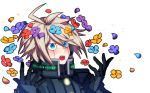  ahoge blonde_hair blue_eyes blush danganronpa flower keebo kogarashi_8 male_focus new_danganronpa_v3 open_mouth solo 