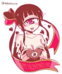  :d bangs black_hair blunt_bangs blush breasts chocolate cleavage commentary_request cyclops dot_nose english hair_ribbon happy_valentine heart heart-shaped_pupils hitomi_sensei_no_hokenshitsu holding large_breasts looking_at_viewer manaka_hitomi naked_chocolate nude one-eyed open_mouth ribbon shake-o simple_background smile solo symbol-shaped_pupils twitter_username valentine white_background 