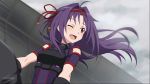  ;d ahoge black_gloves breastplate breasts cloud cloudy_sky elbow_gloves floating_hair from_below game_cg gloves hair_ribbon highres long_hair looking_back official_art one_eye_closed open_mouth outdoors purple_hair purple_shirt red_eyes red_ribbon ribbon riding shirt short_sleeves sky small_breasts smile solo sword_art_online sword_art_online:_fatal_bullet upper_body very_long_hair yuuki_(sao) 