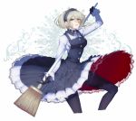  black_dress black_gloves broom danganronpa dress gloves green_eyes green_hair hair_over_one_eye headdress holding holding_broom kogarashi_8 looking_at_viewer maid maid_headdress necktie new_danganronpa_v3 pantyhose shirt short_hair solo spider_web_print toujou_kirumi 