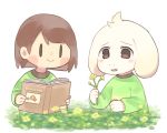  asriel_dreemurr blush book brown_eyes brown_hair chara_(undertale) fang flower green_sweater long_sleeves monster_boy reading sasa_kichi smile sweater undertale white_background 