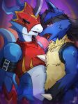  2018 absurd_res ambiguous_gender anthro armor black_fur blue_fur blue_skin bottomless clothed clothing digimon duo fangs flamedramon fur hi_res looking_at_viewer lucario nintendo nude open_mouth pok&eacute;mon pok&eacute;mon_(species) red_eyes saliva spikes unconvincing_armor video_games white_skin yellow_fur zeitzbach 