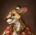  ambiguous_gender anthro blue_eyes bust_portrait clothing ear_piercing feline jewelry looking_at_viewer mammal necklace piercing portrait serval smile solo titusw 