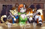  2017 alcohol alric_kyznetsov anthro antlers armor ash_(ashkelling) ash_kelling beer beverage blush breasts brown_eyes brown_hair canine cleavage clothed clothing crowd detailed_background dipstick_tail drunk feline female fox friends fur gloves_(marking) green_eyes group hair heresy_(artist) hi_res horn inside intoxicated keilani leopard looking_at_breasts male mammal markings multicolored_tail orange_fur red_hair scarf silhouette smaller_version_at_source smile spots stripes tan_fur tavern tiger water white_tiger window wreath yellow_eyes 