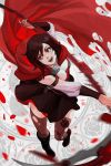  :d attack bangs black_footwear boots bracer breasts brown_dress brown_hair brown_legwear cape commentary dress grey_eyes highres holding large_breasts long_sleeves motion_blur multicolored_hair nikusenpai open_mouth red_cape ruby_rose rwby scythe short_dress short_hair smile solo standing streaked_hair thighhighs 