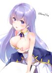  azur_lane bangs bare_shoulders blue_dress breasts cleavage commentary crotch_rub detached_collar dress eyebrows_visible_through_hair hair_between_eyes henet_hene jewelry large_breasts long_hair masturbation masturbation_through_clothing pendant purple_eyes purple_hair rodney_(azur_lane) self_fondle solo strapless strapless_dress table_sex twitter_username very_long_hair white_background white_collar 