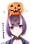  :o absurdres bangs bee_doushi blush commentary_request eyebrows_visible_through_hair fate/grand_order fate_(series) hair_between_eyes hair_ornament halloween head_tilt highres horns jack-o'-lantern on_head oni oni_horns parted_lips portrait purple_eyes purple_hair shuten_douji_(fate/grand_order) solo thick_eyebrows twitter_username white_background 