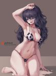  :d animal_print armpits arms_up bikini blush bottle breasts cleavage cow_print hairband half-closed_eyes hex_maniac_(pokemon) letdie1414 long_hair md5_mismatch medium_breasts messy_hair milk milk_bottle navel open_mouth pokemon pokemon_(game) pokemon_xy purple_eyes purple_hair sideboob smile solo stomach swimsuit 