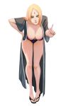  bangs bare_legs bent_over blonde_hair breasts closed_mouth commentary commission facial_mark forehead_mark full_body huge_breasts index_finger_raised long_hair long_legs looking_at_viewer naruto naruto_(series) nikusenpai no_socks open_clothes open_robe parted_bangs pigeon-toed robe sandals simple_background smile solo standing tsunade white_background yellow_eyes 