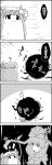  1girl :o ? aura comic commentary_request crescent crescent_moon_pin dark_aura double_bun dress emphasis_lines eye_contact front_ponytail greyscale hair_ribbon hand_up hat hat_ribbon highres kagiyama_hina long_hair looking_at_another looking_to_the_side mob_cap monochrome patchouli_knowledge puffy_short_sleeves puffy_sleeves ribbon short_sleeves smile tani_takeshi touhou translation_request tress_ribbon upper_body yukkuri_shiteitte_ne 