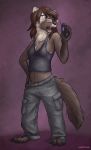  angry anthro breasts brown_eyes brown_hair cargo_pants chest_tuft claws clothing eyewear female glasses hair kyra_sable open_mouth panties pants plantigrade radio sable shirt small_breasts tank_top tuft underwear unimpressive 