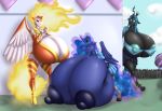  2018 anthro anthrofied big_breasts blues64 blush breasts changeling clothing daybreaker_(mlp) equine feathered_wings feathers female friendship_is_magic group hair hi_res horn huge_breasts hyper hyper_breasts mammal marauder6272 my_little_pony nipple_bulge nipples outside princess_luna_(mlp) queen_chrysalis_(mlp) winged_unicorn wings 