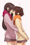  arms_behind_back blush bow bowtie brown_hair commentary cowboy_shot fingernails heart highres hug kawai_makoto long_hair mouth_hold multiple_girls orange_scarf original pink_background pink_scarf pink_sweater pleated_skirt purple_skirt red_neckwear scarf shared_food simple_background skirt smile sweater yellow_sweater yuri 