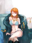  ;) absurdres arm_support bikini_top breasts cleavage closed_mouth coat crossed_legs earrings eyebrows_visible_through_hair feet_out_of_frame fur_coat hand_up highres holding jewelry long_hair long_sleeves looking_at_viewer medium_breasts nami_(one_piece) navel off_shoulder one_eye_closed one_piece orange_hair red_eyes shorts sitting smile smirk solo stomach tang_fen_yifu upshorts 