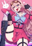  ahoge badge barbed_wire blue_eyes boots breasts choker danganronpa fangs fingerless_gloves gloves goggles goggles_on_head hair_between_eyes iruma_miu kogarashi_8 large_breasts long_hair looking_at_viewer new_danganronpa_v3 open_mouth pink_hair pleated_skirt school_uniform serafuku skirt teeth thighs tongue tongue_out white_legwear 