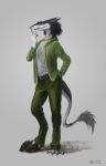  2018 anthro belt blue_eyes claws clothed clothing countershading detailed digital_media_(artwork) digital_painting_(artwork) dipstick_tail full-length_portrait fur green_clothing grey_background grey_fur grey_tail hand_in_pocket heni hi_res hindpaw kel male mammal markings multicolored_fur multicolored_tail nature neck_tuft outside pants pawpads paws portrait raised_index_finger raised_leg realistic rock sergal shadow shirt signature simple_background solo standing tail_tuft toe_claws tuft two_tone_fur two_tone_tail vest vilous_universe white_fur yellow_markings 