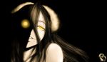  adrianecchi albedo bare_shoulders black_background black_hair demon_girl demon_horns hair_between_eyes highres horns long_hair looking_at_viewer overlord_(maruyama) simple_background smile solo wings yellow_eyes 