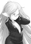  breasts cleavage commentary_request glasses granblue_fantasy greyscale hands_on_own_neck harvin highres long_hair monochrome no_nose parted_lips pointy_ears simple_background sketch small_breasts solo toriudonda very_long_hair zahlhamelina 