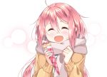  :d ^_^ ahoge blush brown_scarf clenched_hand closed_eyes crepe eyebrows_visible_through_hair food food_on_face fruit hair_between_eyes head_tilt holding holding_food kagamihara_nadeshiko long_hair long_sleeves open_mouth pink_hair scarf smile solo strawberry sweater upper_body wari_(nirodo26) white_background yurucamp 