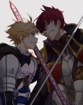  armor arthur_pendragon_(fate) blonde_hair clenched_teeth crossed_swords fate/prototype fate/prototype:_fragments_of_blue_and_silver fate_(series) grey_background lucius_tiberius_(fate) male_focus mong multiple_boys pink_hair purple_eyes signature simple_background teeth upper_body 