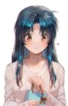  aoki_(fumomo) blue_hair breasts chidori_kaname full_metal_panic! gift_bag heart long_hair medium_breasts orange_eyes ribbed_shirt shirt simple_background solo upper_body white_background 