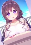  bangs blue_sky blush box breast_rest breasts brown_hair carried_breast_rest chikuwa. cloud collarbone commentary day dutch_angle eyebrows_visible_through_hair half_updo halterneck highres holding holding_box kyouzuka_shion large_breasts long_hair looking_at_viewer no_pupils open_mouth outdoors purple_eyes sky slow_start solo upper_body 
