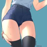  arm_at_side artist_name ass_visible_through_thighs black_legwear blue_background blue_shirt bracelet c3momo cameltoe contrapposto cropped_torso dated fingernails high-waist_shorts jewelry original shirt solo standing sweat thighhighs 