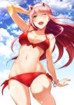  :d arm_up ass_visible_through_thighs bikini blush bracelet breasts cloud collarbone commentary_request darling_in_the_franxx day from_below green_eyes groin hairband highres horns jewelry long_hair looking_at_viewer medium_breasts navel nekoi_hikaru one_eye_closed open_mouth outdoors pink_hair red_swimsuit shiny shiny_hair shiny_skin sky smile solo stomach swimsuit underboob zero_two_(darling_in_the_franxx) 