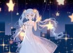  :d bag bangs bare_shoulders blue_eyes blue_hair blush clouble collarbone commentary_request dress eyebrows_visible_through_hair hatsune_miku highres holding holding_star long_hair off-shoulder_dress off_shoulder open_mouth sidelocks sketch sleeves_past_wrists smile solo sparkle star twintails very_long_hair vocaloid white_dress 