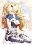  blonde_hair blue_eyes blue_shirt breast_pocket breasts cleavage commentary_request full_body gambier_bay_(kantai_collection) gloves hair_between_eyes highres kantai_collection kinsenka_momi large_breasts long_hair looking_at_viewer multicolored multicolored_clothes multicolored_shorts open_mouth pocket shirt shorts sitting solo thighhighs twintails white_gloves white_legwear yokozuwari zoom_layer 
