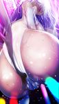  1girl ass back blush breasts cameltoe elbow_gloves fumihiko_(pixiv2658856) gloves glowstick heart heart-shaped_pupils highres huge_ass large_breasts leotard long_hair looking_at_viewer mask narrow_waist purple_eyes sailor_collar solo sweat symbol-shaped_pupils thighhighs virtual_youtuber white_legwear wide_hips 