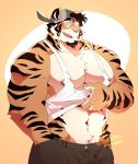 clothed clothing clothing_lift feline hat huge_muscles kokuhane looking_at_viewer male mammal muscular navel nipples one_eye_closed pants shirt shirt_lift solo tank_top tiger wink 