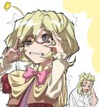  1girl blonde_hair blue_eyes capelet carol_malus_dienheim clenched_teeth closed_eyes eyebrows_visible_through_hair father_and_daughter glasses izak_malus_dienheim long_hair mole mole_under_eye mototenn open_mouth pink_neckwear senki_zesshou_symphogear shawl shirt short_hair sleepy sleeves_rolled_up squinting teeth white_shirt 