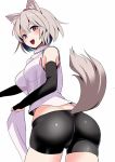  amisu animal_ear_fluff animal_ears ass ass_focus bare_shoulders black_shorts breasts commentary_request cowboy_shot elbow_gloves eyebrows_visible_through_hair fingerless_gloves from_behind from_below gloves grey_hair hat inubashiri_momiji large_breasts looking_at_viewer midriff open_mouth pom_pom_(clothes) red_eyes see-through see-through_silhouette shirt short_hair short_shorts shorts simple_background sleeveless sleeveless_shirt solo standing tail tail_raised tokin_hat tongue touhou trefoil turtleneck twisted_torso white_background white_shirt wolf_ears wolf_girl wolf_tail 