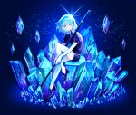  androgynous blue blue_background blue_eyes blue_hair colored_eyelashes crystal diamond diamond_(houseki_no_kuni) elbow_gloves full_body gem_uniform_(houseki_no_kuni) gloves highres houseki_no_kuni loafers necktie object_namesake scabbard sheath shiny shiny_hair shirt shoes short_hair shorts single_glove sitting solo sparkle thighhighs white_gloves white_legwear yuka_akeno 