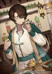  bad_id bad_pixiv_id bangs brown_hair buttons carchet closed_eyes closed_mouth commentary copyright_name cup glasses gold_buttons hair_over_one_eye holding long_sleeves multicolored multicolored_clothes original plant short_hair sid_story standing table wall_lamp 