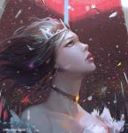  artist_name blue_eyes brown_hair building commentary confetti deviantart_username floating_hair gate guweiz looking_up original outdoors parade parted_lips pink_lips polearm solo_focus spear tiara watermark weapon web_address wind 