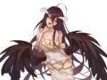  absurdres albedo bare_shoulders black_hair breasts demon_girl demon_horns demon_wings dress hair_between_eyes highres horns iron_(2486886134) large_breasts long_hair looking_at_viewer overlord_(maruyama) simple_background smile solo tongue tongue_out white_background white_dress wings yellow_eyes 