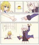  ahoge anmitsu_prv arm_up blonde_hair blue_eyes braid clenched_hand comic commentary_request dual_persona fate/grand_order fate_(series) food fur_trim jacket jeanne_d'arc_(alter)_(fate) jeanne_d'arc_(fate) jeanne_d'arc_(fate)_(all) long_braid multiple_girls open_clothes open_jacket pudding rock_paper_scissors shaded_face short_hair silent_comic single_braid sitting sweat thighhighs v white_hair wicked_dragon_witch_ver._shinjuku_1999 yellow_eyes 