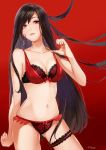  ass_visible_through_thighs black_hair blush bow bow_bra bow_panties bra breasts cleavage collarbone earrings highres jewelry leg_garter lingerie lips long_hair looking_at_viewer medium_breasts nail_polish navel original panties red_background red_bra red_eyes red_nails red_panties retsuna smile solo standing underwear underwear_only 