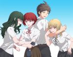  3girls bad_id bad_pixiv_id blonde_hair brown_hair danganronpa danganronpa_3 freckles green_hair hinata_hajime koizumi_mahiru kuzuryuu_natsumi long_hair multiple_boys multiple_girls necktie okuragon pleated_skirt red_hair satou_(danganronpa) school_uniform short_hair short_sleeves skirt smile yellow_eyes 