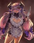  apron batter black_sweater blue_eyes blush bow braid breasts cleavage commentary draph eu03 french_braid frills granblue_fantasy hair_bow hair_over_one_eye heart_cutout hips horns huge_breasts knife lavender_hair long_hair looking_at_viewer low_tied_hair narmaya_(granblue_fantasy) open_mouth pointy_ears ribbed_sweater smile solo sweater thighs turtleneck turtleneck_sweater twintails whisk yandere 