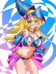  bare_shoulders blonde_hair blush blush_stickers breasts choker commentary_request condom dark_magician_girl duel_monster green_eyes hat hexagram highres large_breasts ling_qi long_hair navel nipples pentacle pentagram pussy revealing_clothes solo swimsuit wizard_hat yuu-gi-ou yuu-gi-ou_duel_monsters 