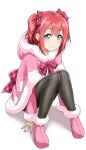  \||/ aqua_eyes blush bow cloak commentary_request fur-trimmed_boots fur-trimmed_cloak fur-trimmed_sleeves fur_trim hair_bow highres hood hood_down hooded_cloak knees_up kurosawa_ruby long_sleeves looking_at_viewer love_live! love_live!_sunshine!! pink_cloak pink_footwear plaid plaid_bow red_hair sitting smile solo two_side_up white_background yopparai_oni 