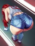  1girl absurdres ass ass_focus bare_shoulders bent_over breasts cellphone commentary denim denim_shorts from_behind highres hips huge_ass large_breasts legs long_hair looking_down nikita_varb original phone red_hair shorts sideboob smartphone solo tank_top thick_thighs thighhighs thighs wide_hips 