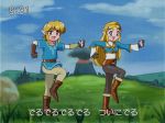  1girl 90s anime_coloring belt blonde_hair blue_eyes choroli_(chorolin) commentary_request elf fake_screenshot fingerless_gloves gloves link long_hair parody pointy_ears princess_zelda style_parody subtitled the_legend_of_zelda the_legend_of_zelda:_breath_of_the_wild timestamp translation_request volcano 