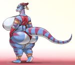  2018 anthro barefoot big_breasts big_butt big_lips blue_scales breasts butt clothed clothing digital_media_(artwork) dragon female fingerless_gloves gloves huge_breasts jewelry lips looking_at_viewer looking_back nipple_bulge pink_eyes priestess_tsah scales scalie shirt side_boob simple_background skimpy smile solo stripes thick_thighs thong vdisco voluptuous wide_hips 