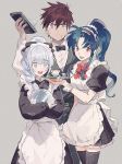  2girls alternate_costume aoki_(fumomo) apron belt black_legwear blue_eyes blue_hair bow bowtie braid breasts brown_hair chidori_kaname collared_shirt cowboy_shot cross_scar cuff_links cup enmaided eyebrows_visible_through_hair facial_scar full_metal_panic! grey_background grey_eyes hair_between_eyes long_sleeves looking_at_viewer maid maid_apron maid_headdress medium_breasts multiple_girls open_mouth pants ponytail red_eyes sagara_sousuke scar scar_on_cheek shirt silver_hair simple_background sketch smile spiked_hair teacup teletha_testarossa thighhighs tray vest waiter zettai_ryouiki 